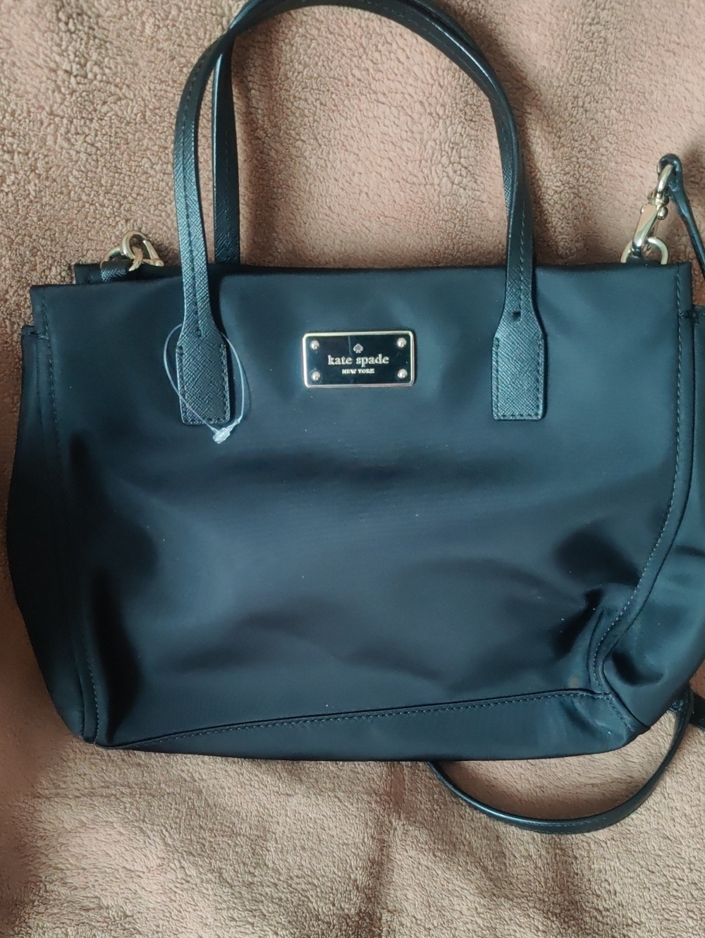 Kate Spade 100% Nylon Black Tote • Gold Logo Plaque • Like New